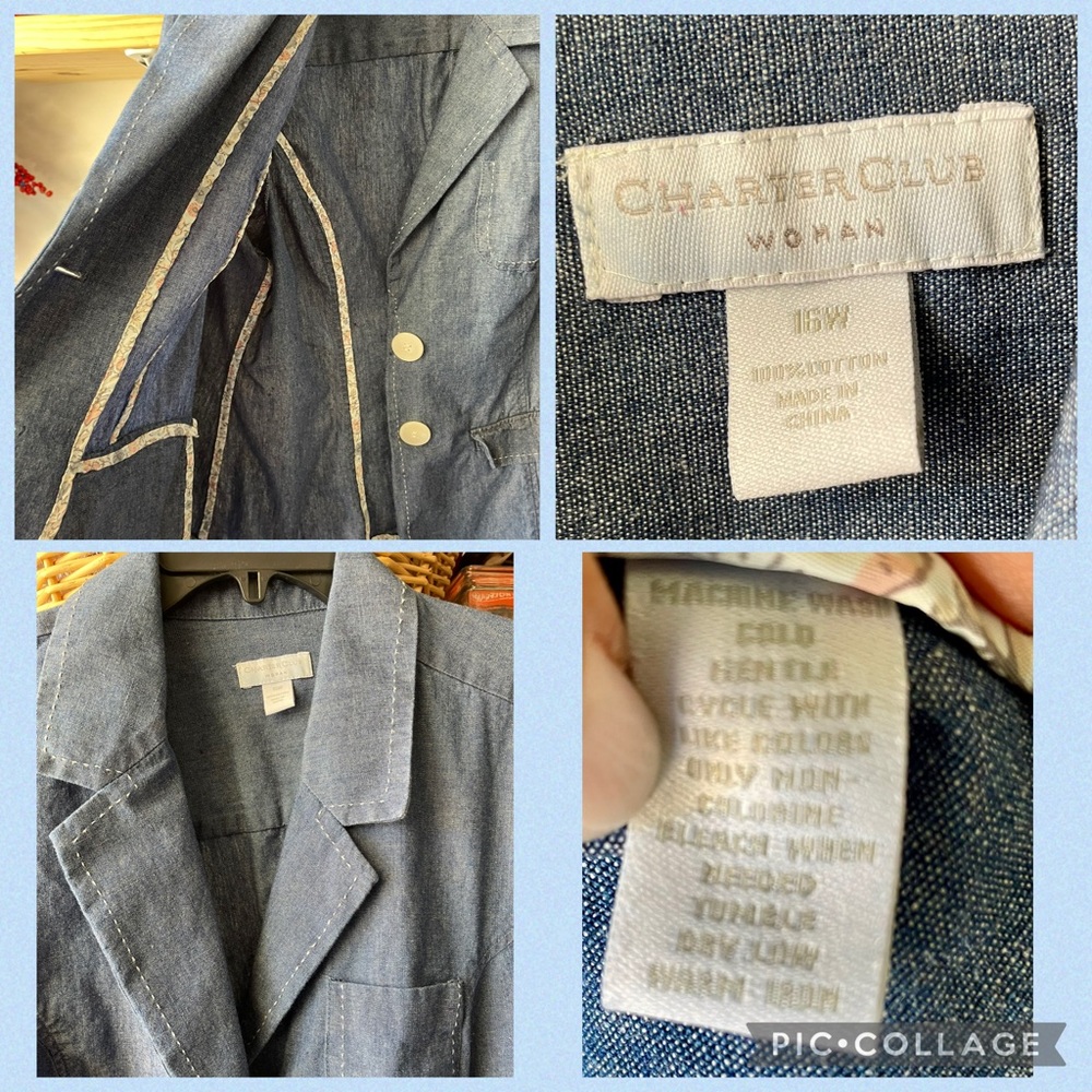 Charter Club Women's Light Blue Denim Blazer SZ 16W white stitching detail GUC - Picture 7 of 10